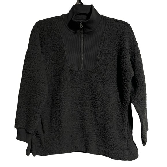 Aerie Womens Teddy Quarter Zip Pullover Sweater Size S Black Soft Sherpa - Picture 1 of 6